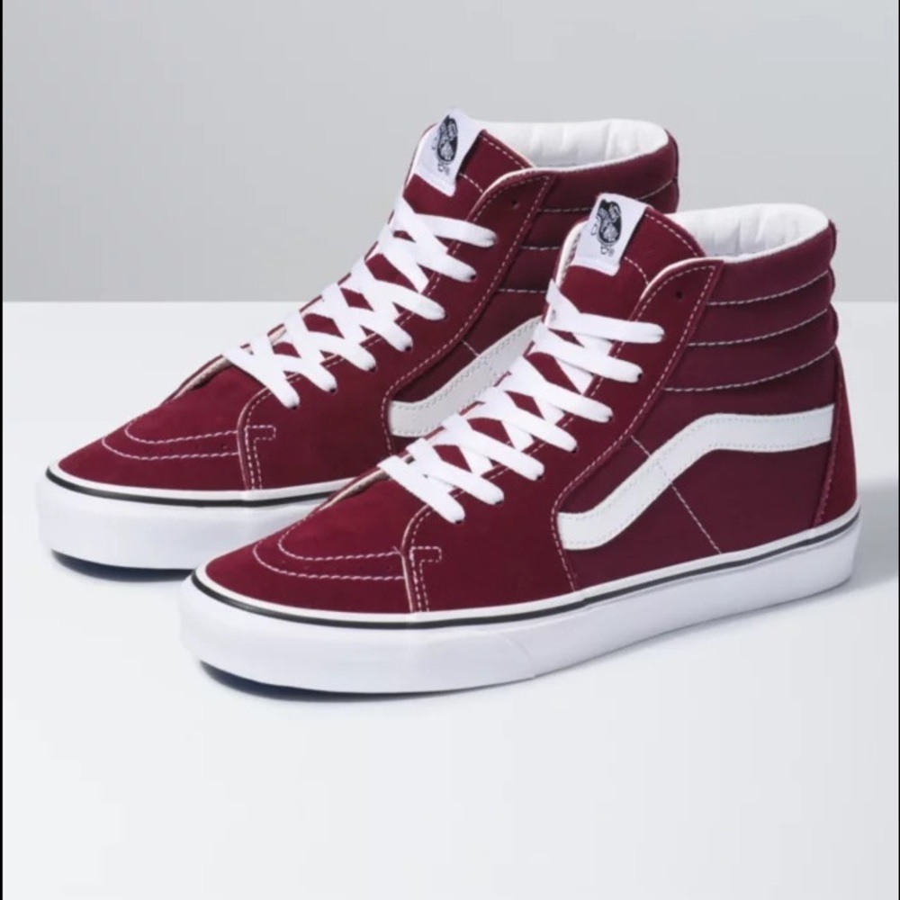 Size US Women 7.5, or US Men 6. Red Burgundy color VANS SK8-HI.